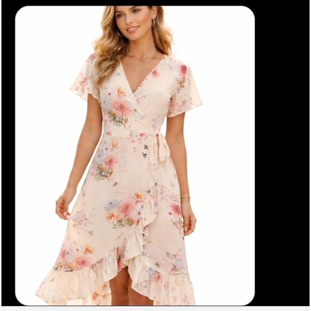 Acanela Expedition Women's Floral Wrap Midi Raffledi Dress Flutter Sleeve Size L